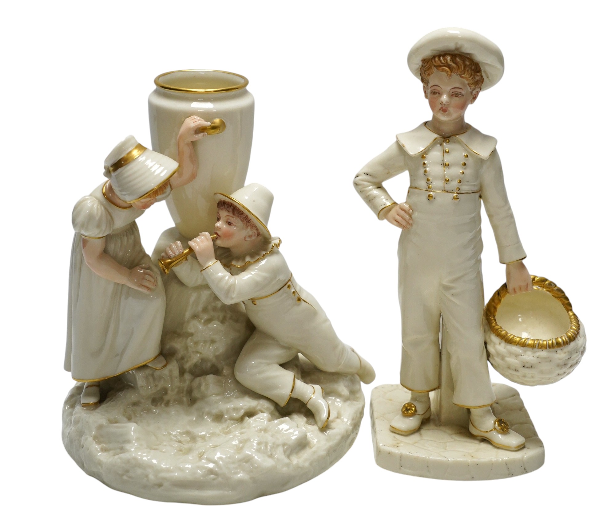 A Worcester figural bud vase and a figure of a boy holding a basket, largest 22cm high. Condition - good